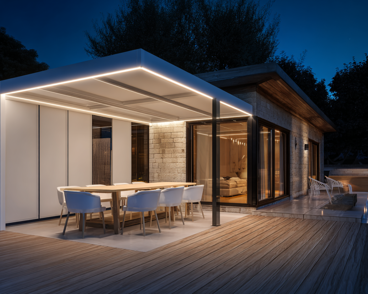 Pergola bioclimatique Ambre de nuit, éclairée pour profiter de la soirée en toute détente Pergola bioclimatique Ambre de nuit, éclairée pour profiter de la soirée en toute détente