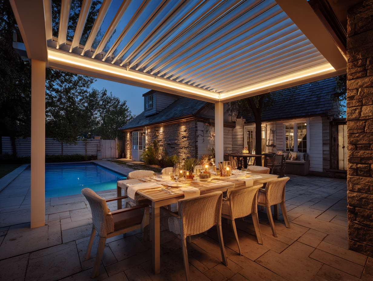 Terrasse couverte par une pergola bioclimatique à lames blanches
