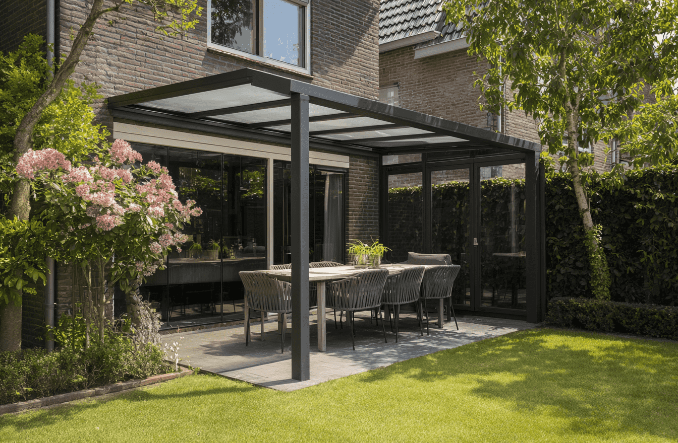 Pergola à toiture plate adossée à une maison moderne