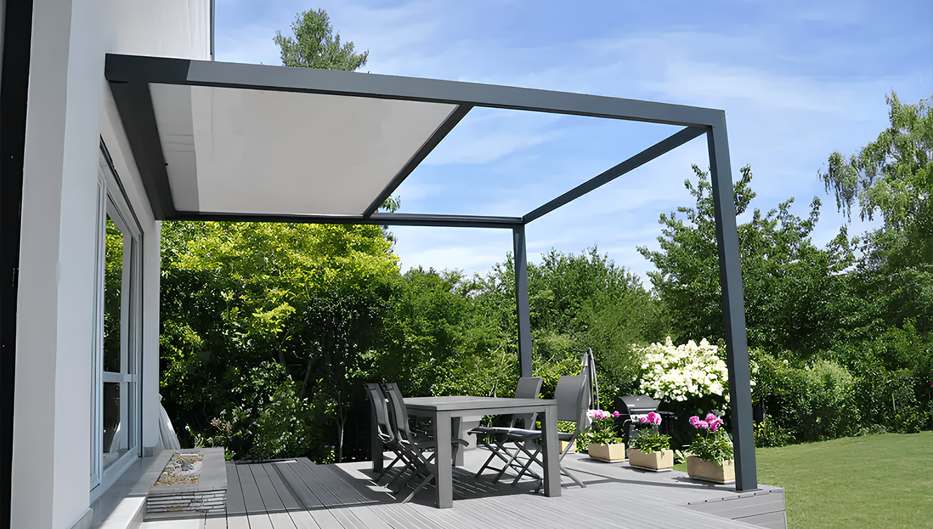 Pergola à toile COCOOON+, en aluminium robuste, prévue pour résister à toutes les intempéries