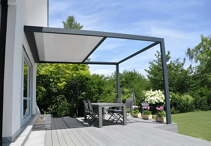 Pergola à toile COCOOON+, en aluminium robuste, prévue pour résister à toutes les intempéries