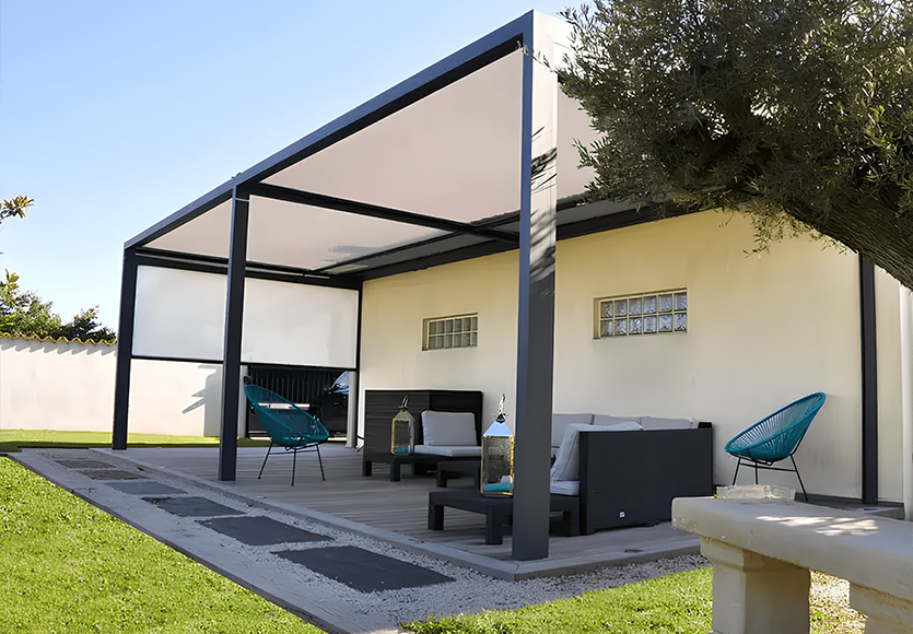 Pergola à toile COCOOON+, en aluminium robuste, prévue pour résister à toutes les intempéries