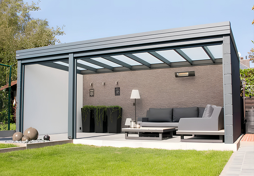 Pergola à toiture fixe Jade, en aluminium robuste, prévue pour résister à toutes les intempéries