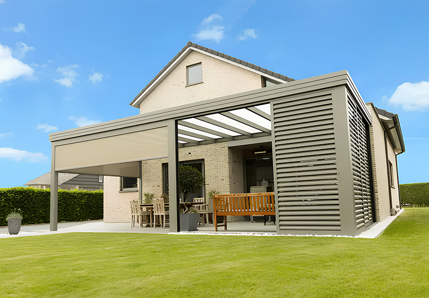 Pergola à toiture fixe Jade, en aluminium robuste, prévue pour résister à toutes les intempéries