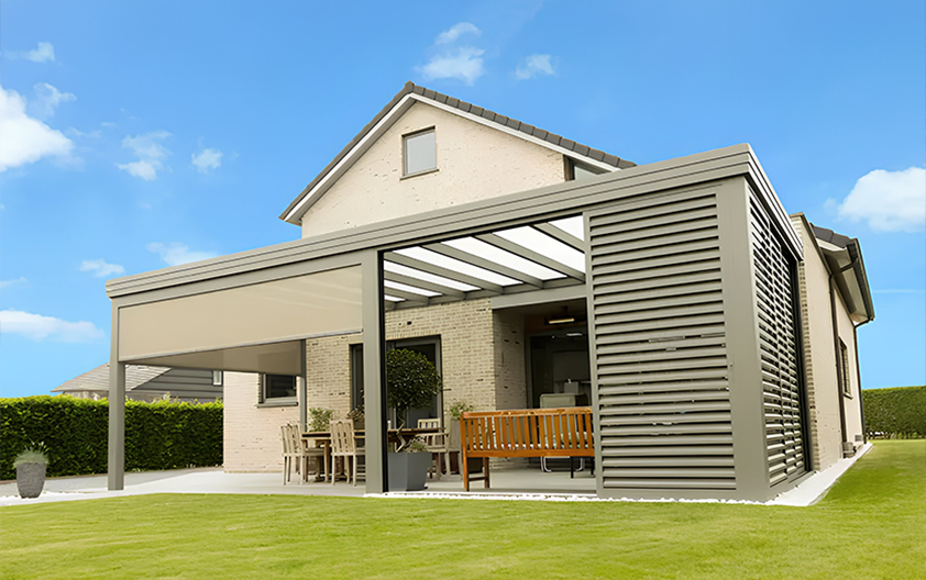 Pergola à toiture fixe Jade, en aluminium robuste, prévue pour résister à toutes les intempéries