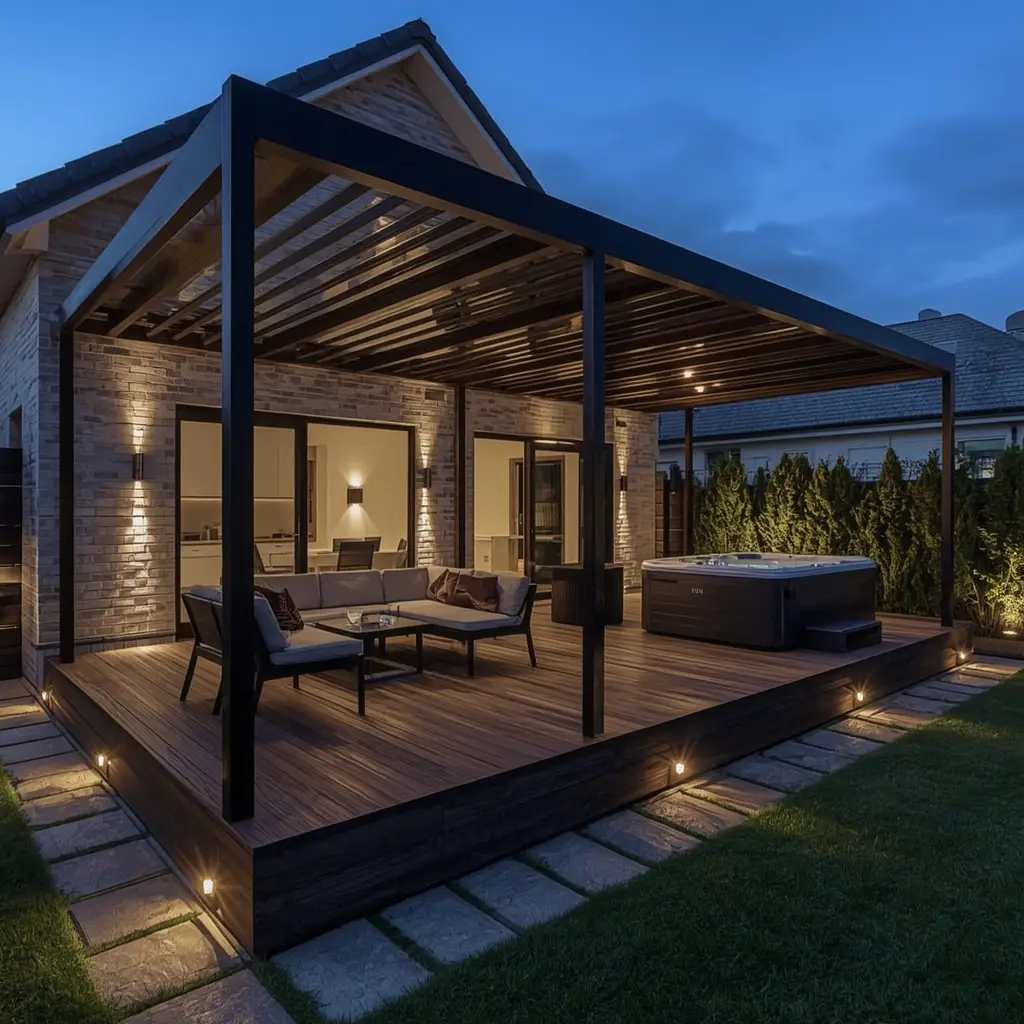 Terrasse aménagée avec mobilier de jardin, jacuzzi et pergola bioclimatique Terrasse aménagée avec mobilier de jardin, jacuzzi et pergola bioclimatique