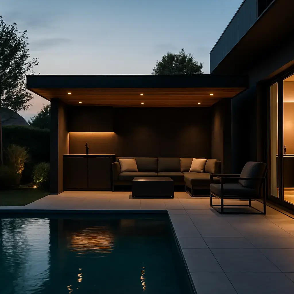 Poolhouse et mobilier lounge à côté de la piscine Poolhouse et mobilier lounge à côté de la piscine