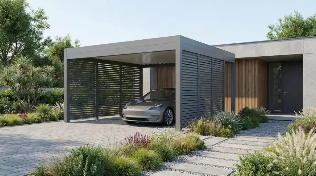 voiture dans un carport à côté d'une maison moderne